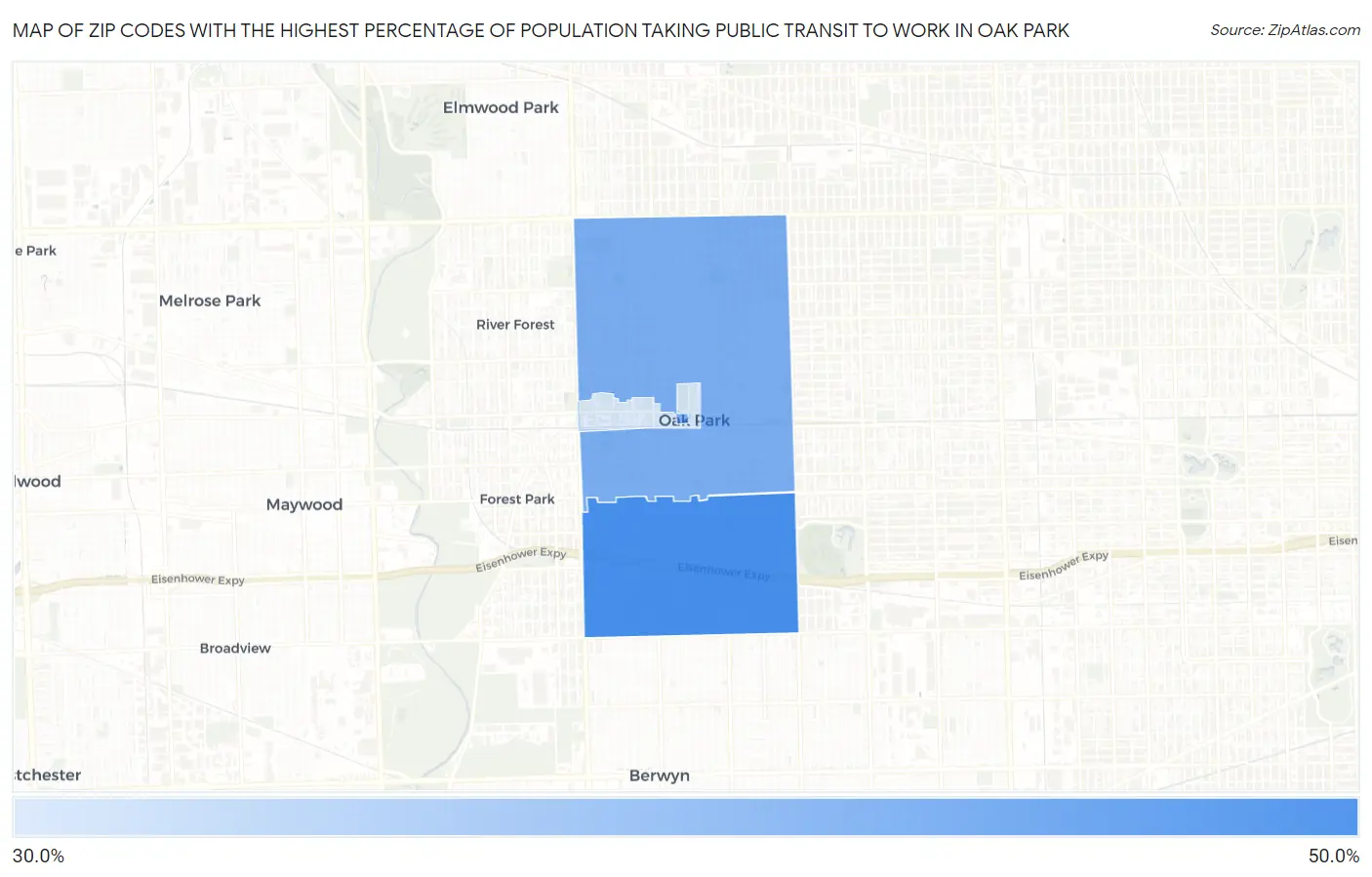 Zip Codes with the Highest Percentage of Population Taking Public Transit to Work in Oak Park Map