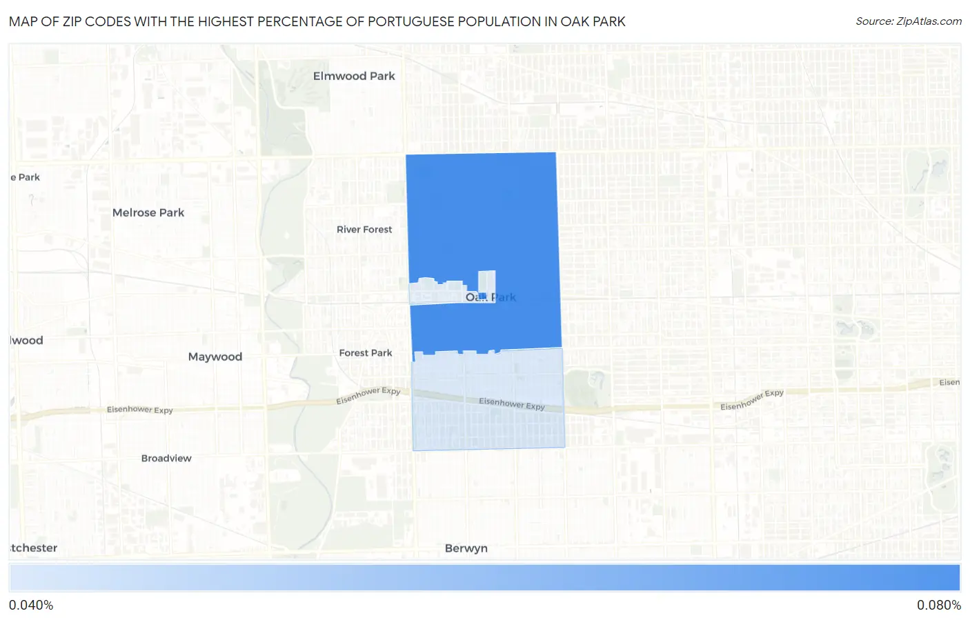 Zip Codes with the Highest Percentage of Portuguese Population in Oak Park Map