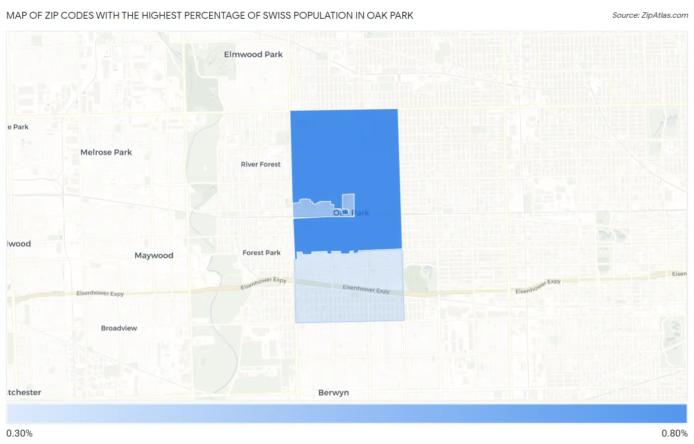Zip Codes with the Highest Percentage of Swiss Population in Oak Park Map