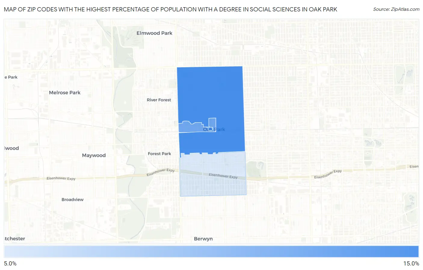 Zip Codes with the Highest Percentage of Population with a Degree in Social Sciences in Oak Park Map