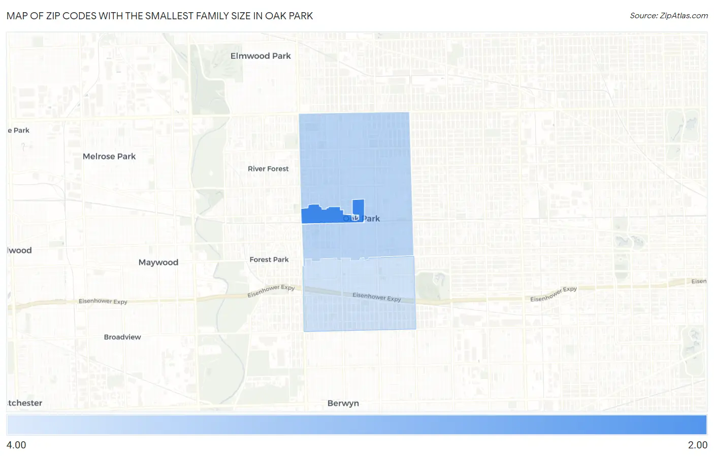Zip Codes with the Smallest Family Size in Oak Park Map