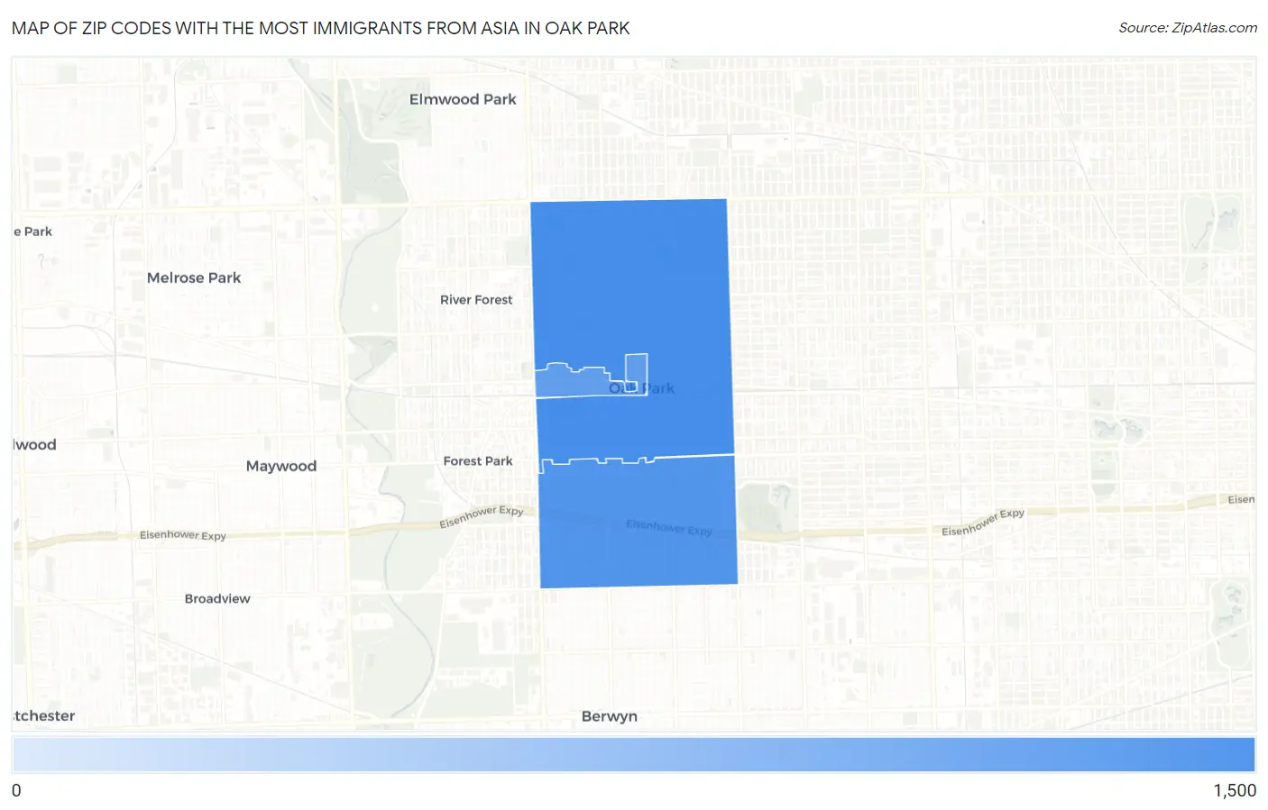 Zip Codes with the Most Immigrants from Asia in Oak Park Map