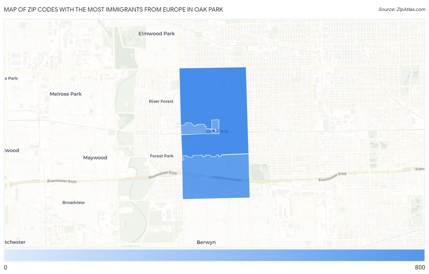 Zip Codes with the Most Immigrants from Europe in Oak Park Map