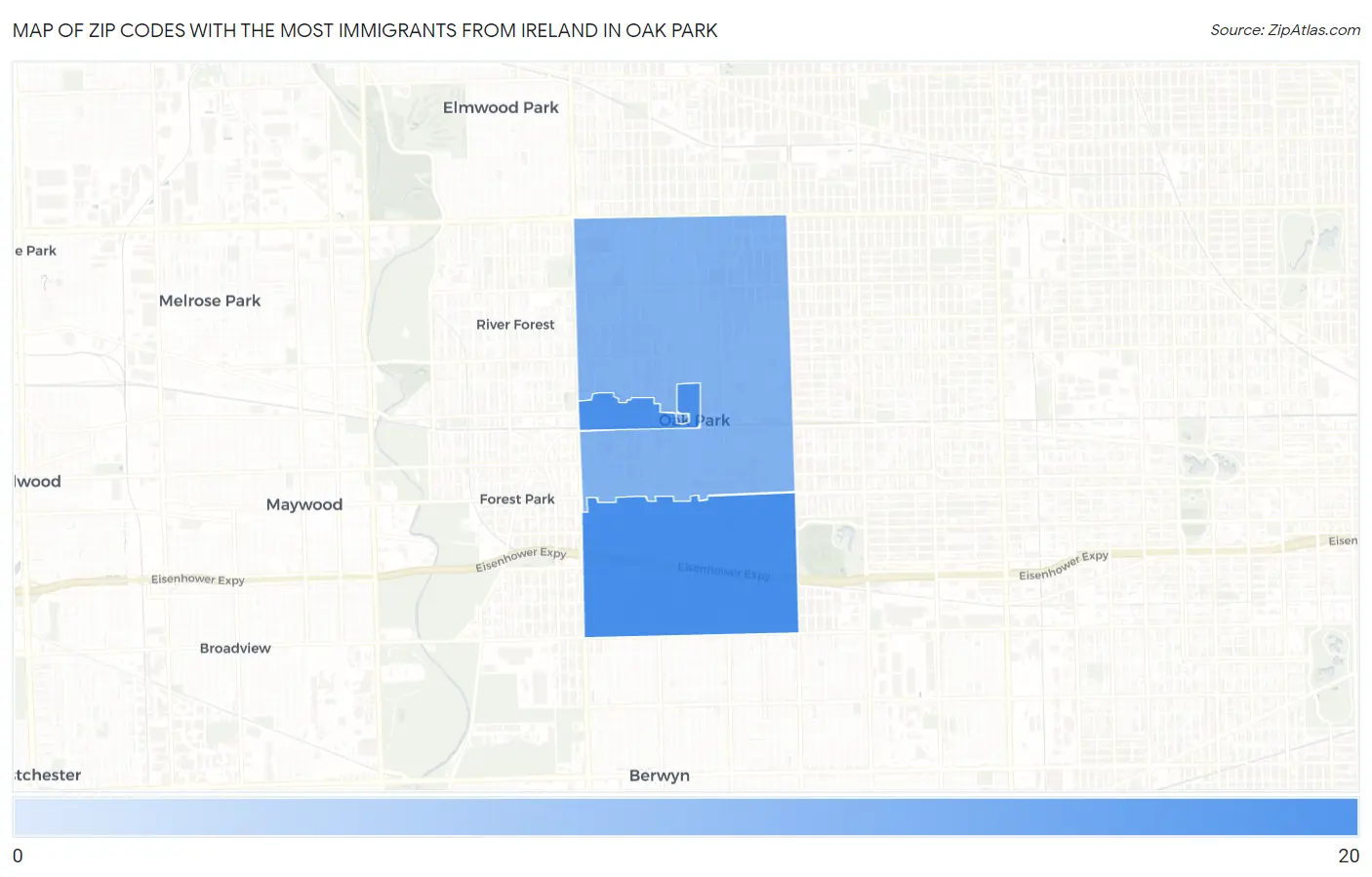 Zip Codes with the Most Immigrants from Ireland in Oak Park Map