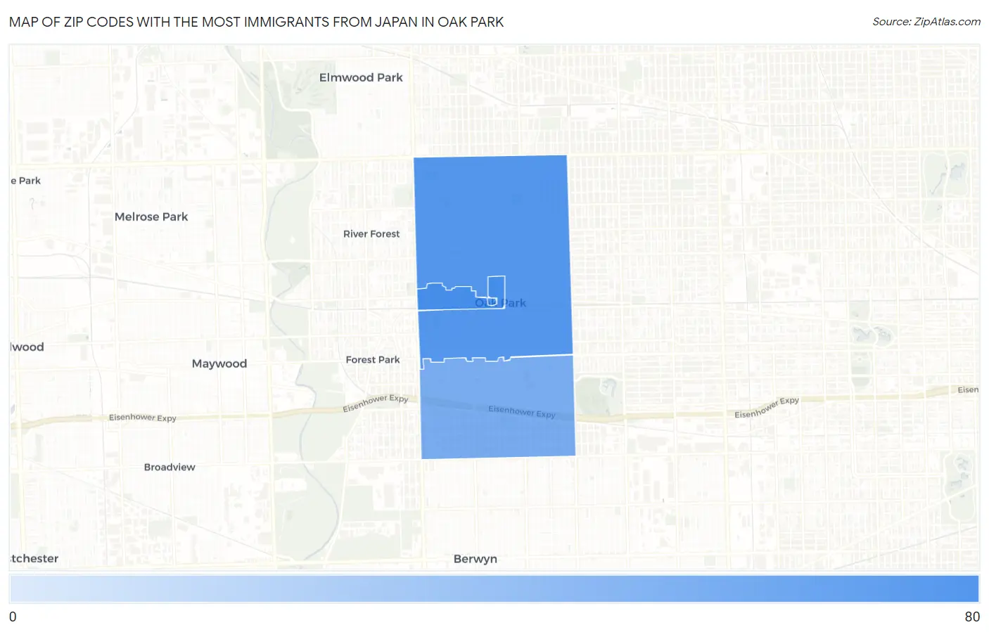 Zip Codes with the Most Immigrants from Japan in Oak Park Map