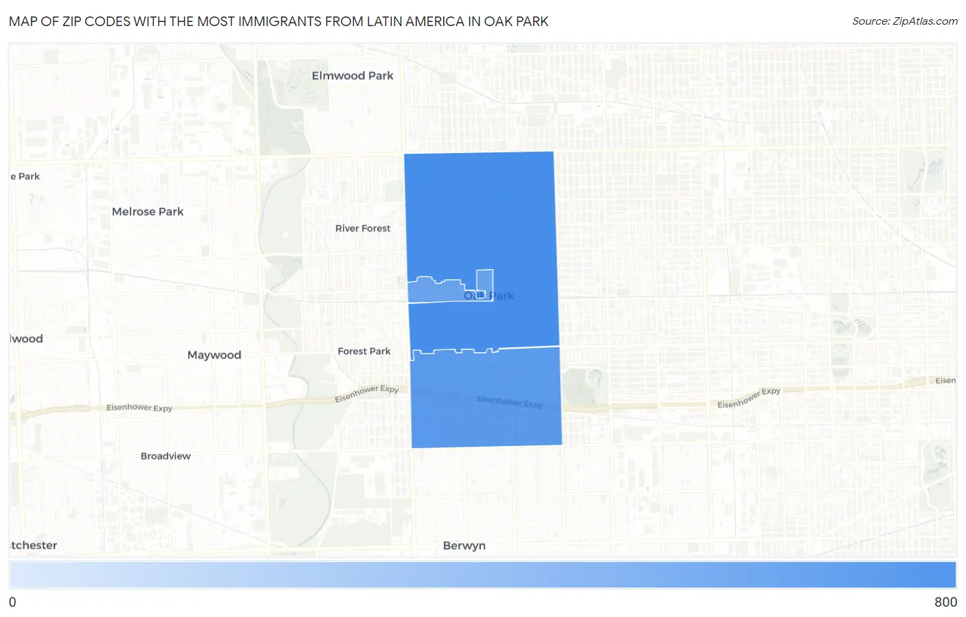 Zip Codes with the Most Immigrants from Latin America in Oak Park Map