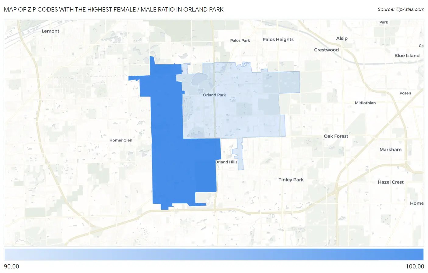 Zip Codes with the Highest Female / Male Ratio in Orland Park Map