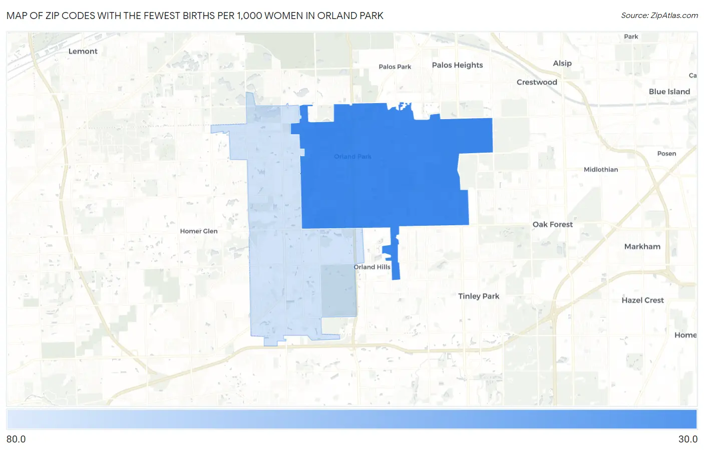 Zip Codes with the Fewest Births per 1,000 Women in Orland Park Map