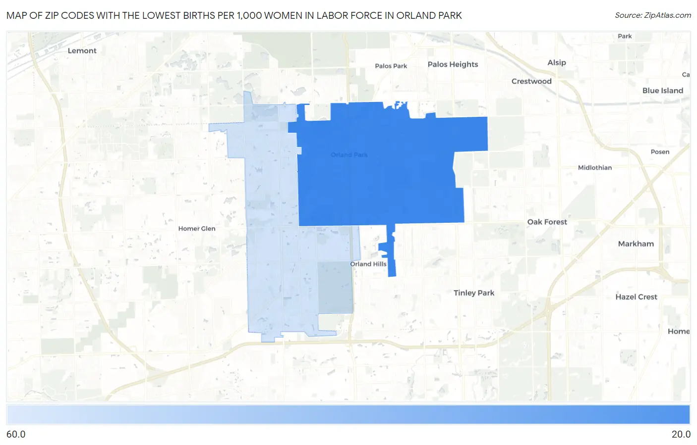 Zip Codes with the Lowest Births per 1,000 Women in Labor Force in Orland Park Map