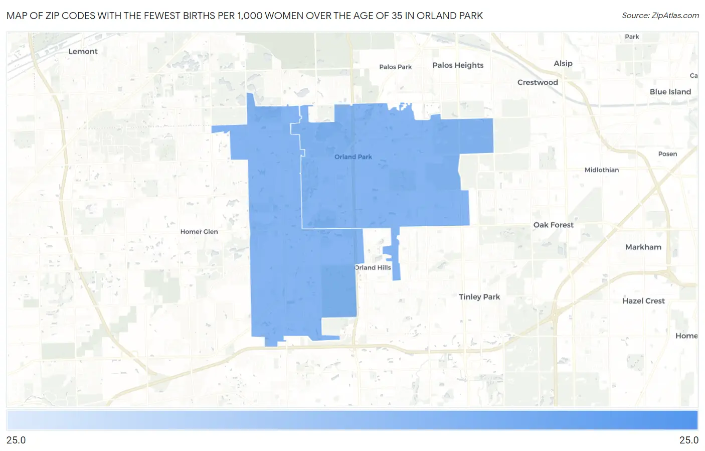 Zip Codes with the Fewest Births per 1,000 Women Over the Age of 35 in Orland Park Map