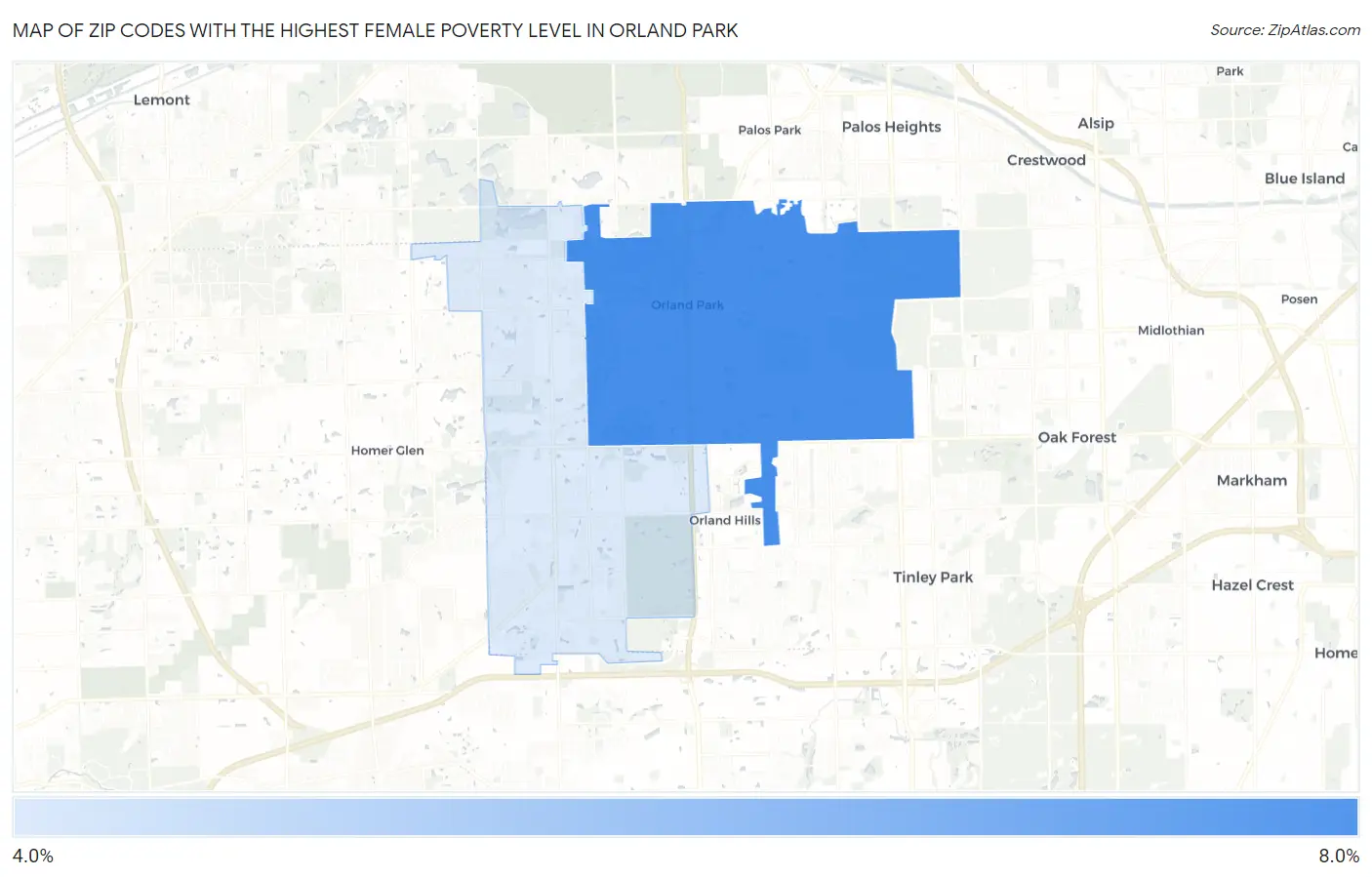 Zip Codes with the Highest Female Poverty Level in Orland Park Map