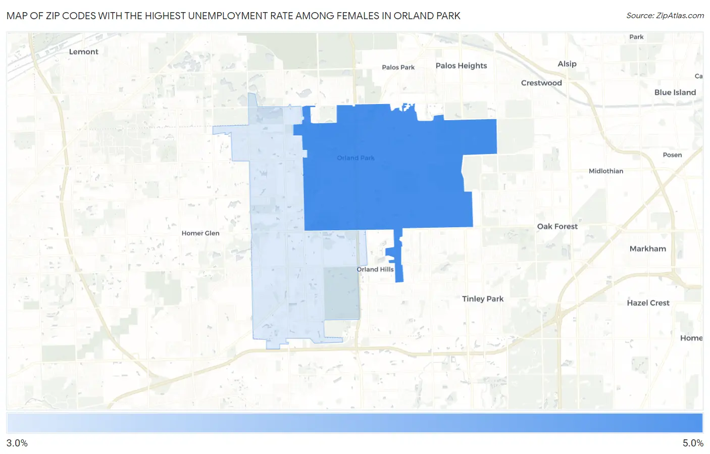 Zip Codes with the Highest Unemployment Rate Among Females in Orland Park Map
