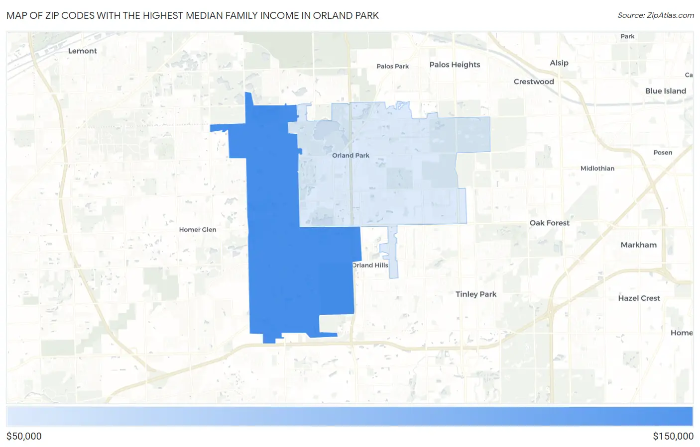 Zip Codes with the Highest Median Family Income in Orland Park Map