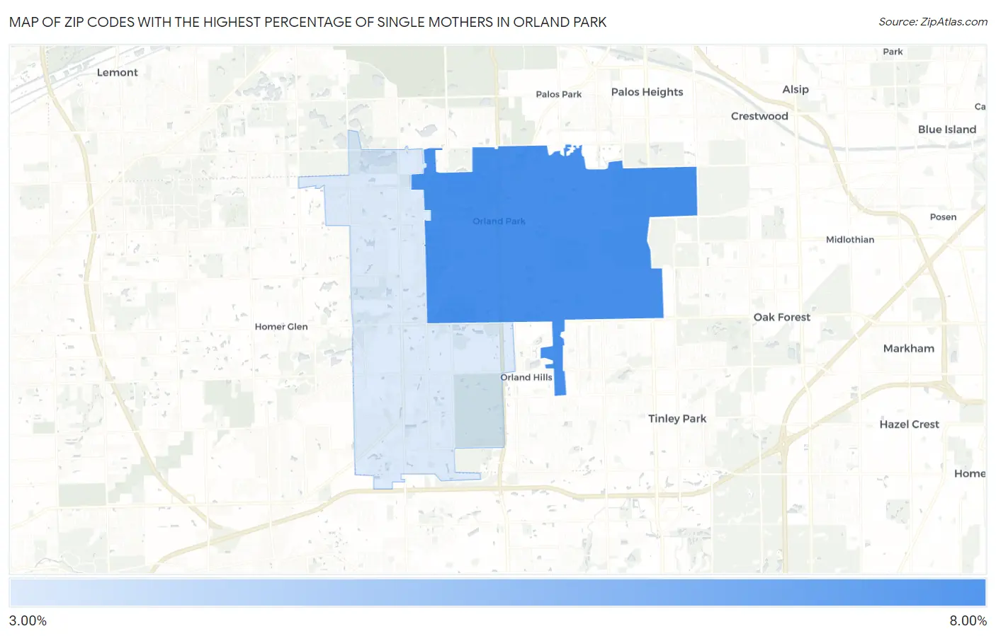 Zip Codes with the Highest Percentage of Single Mothers in Orland Park Map