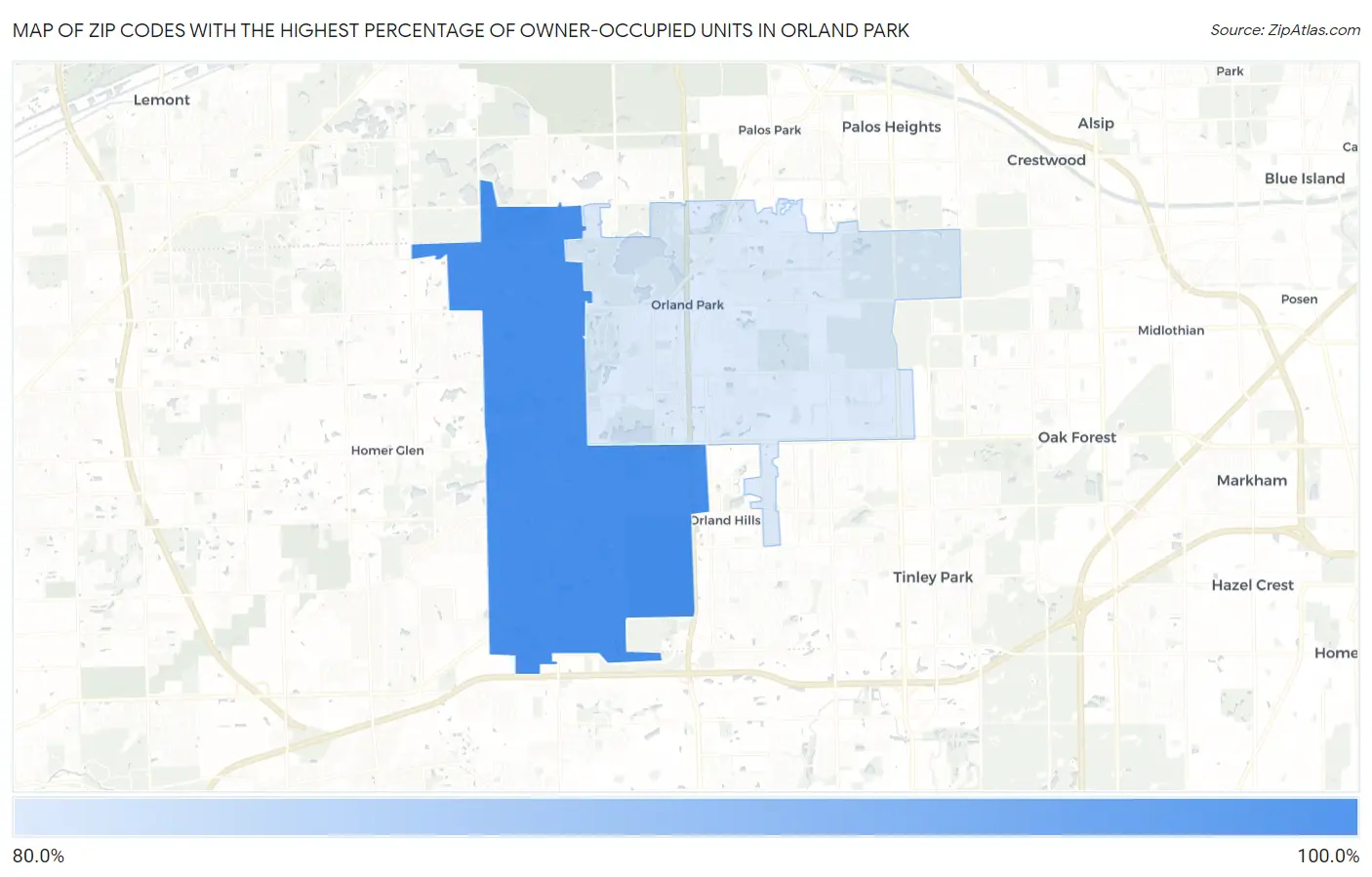 Zip Codes with the Highest Percentage of Owner-Occupied Units in Orland Park Map