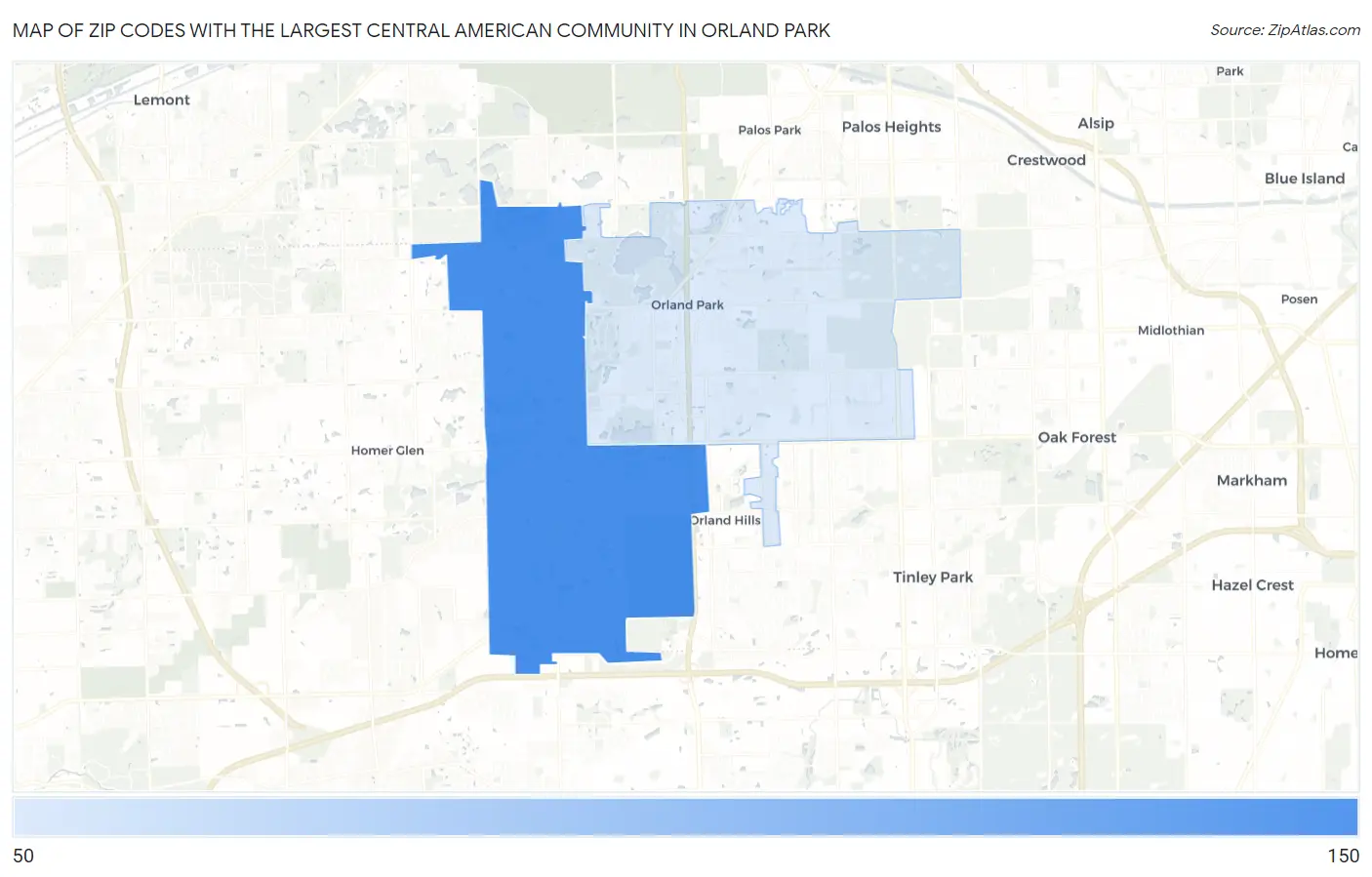 Zip Codes with the Largest Central American Community in Orland Park Map