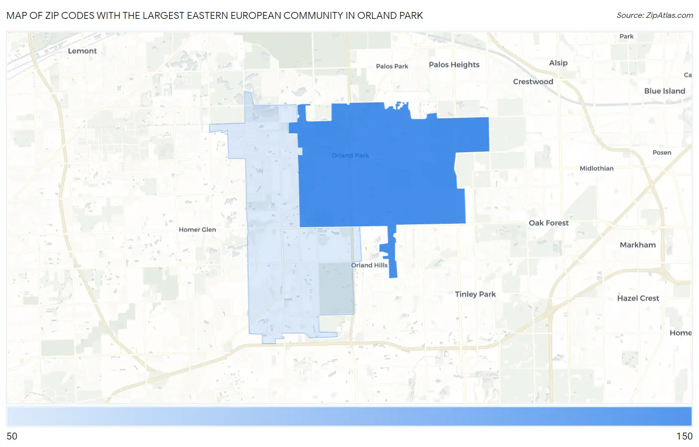Zip Codes with the Largest Eastern European Community in Orland Park Map