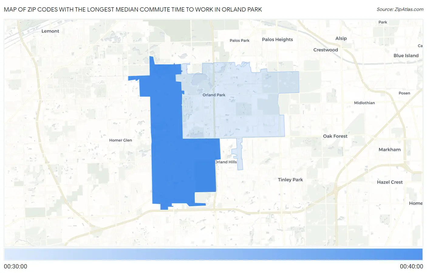 Zip Codes with the Longest Median Commute Time to Work in Orland Park Map