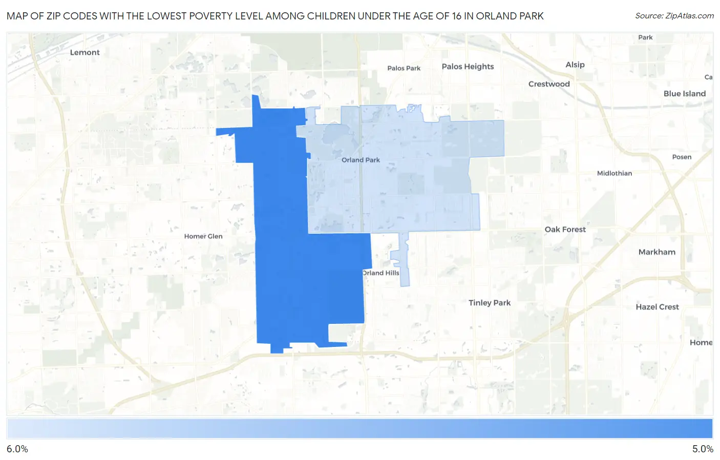 Zip Codes with the Lowest Poverty Level Among Children Under the Age of 16 in Orland Park Map