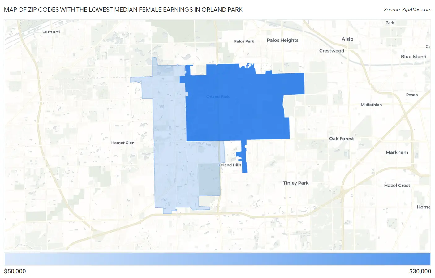 Zip Codes with the Lowest Median Female Earnings in Orland Park Map
