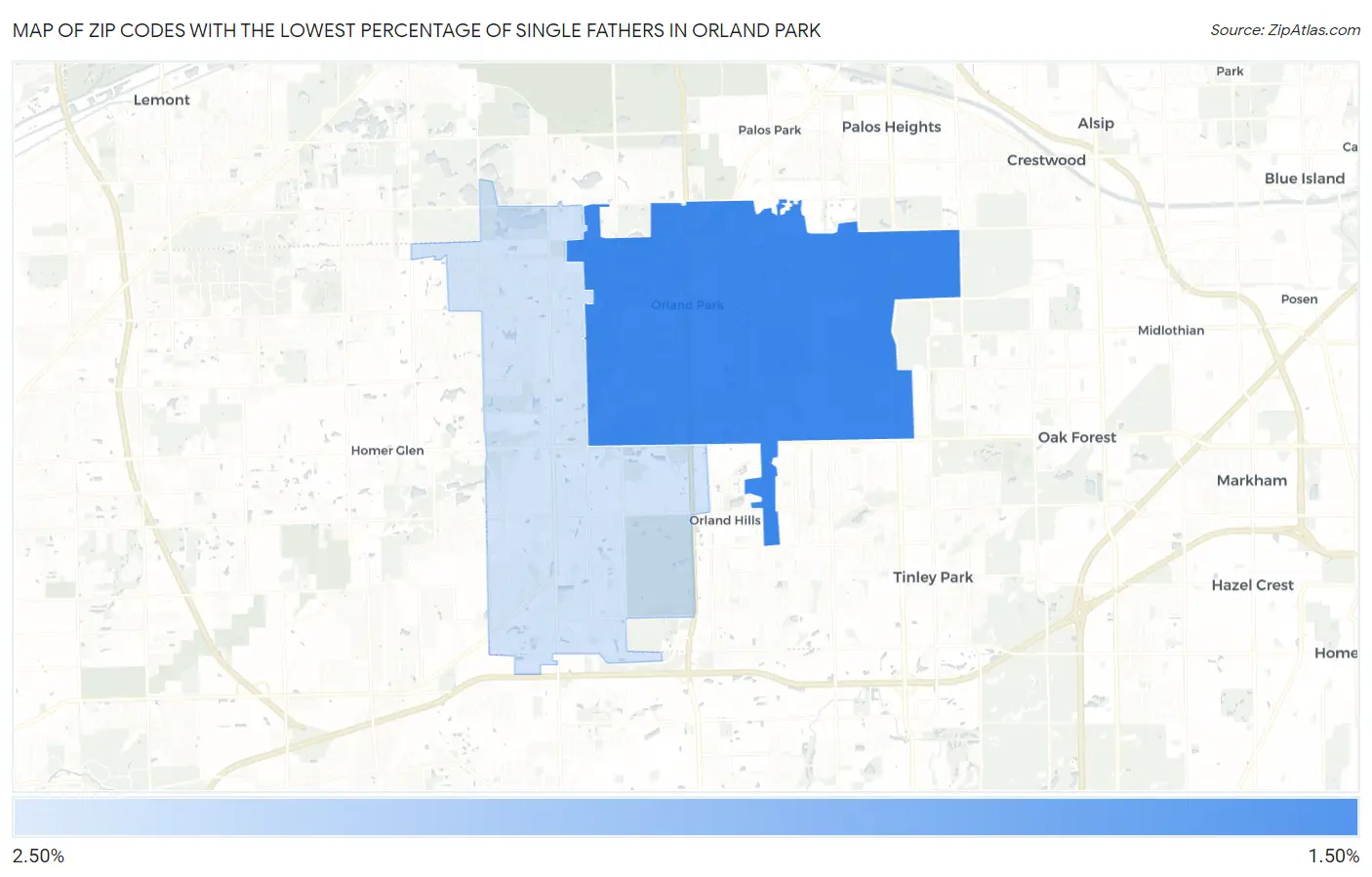 Zip Codes with the Lowest Percentage of Single Fathers in Orland Park Map