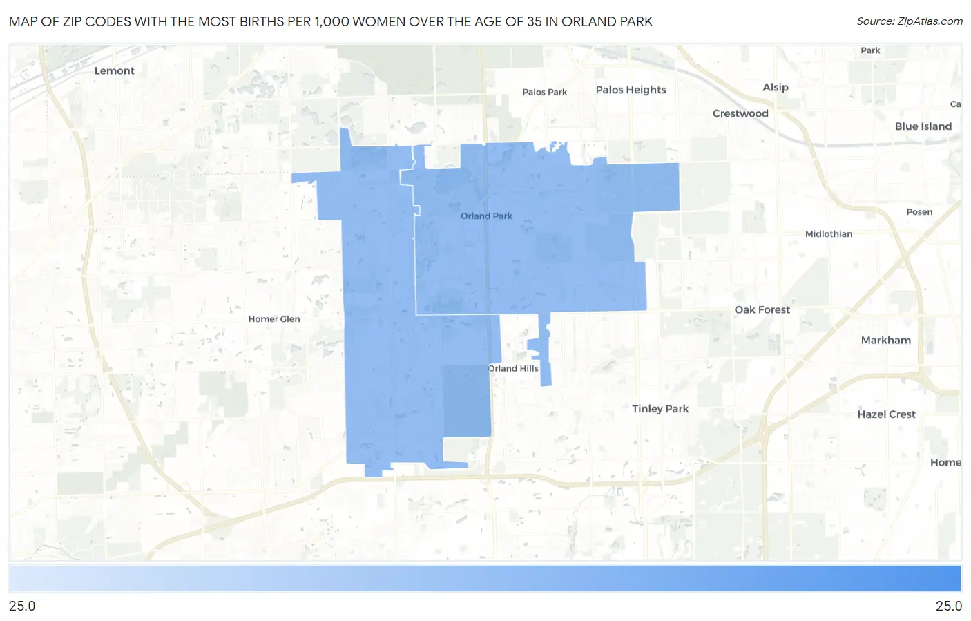Zip Codes with the Most Births per 1,000 Women Over the Age of 35 in Orland Park Map