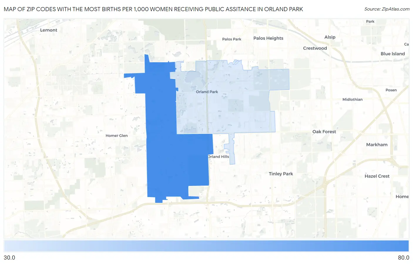 Zip Codes with the Most Births per 1,000 Women Receiving Public Assitance in Orland Park Map