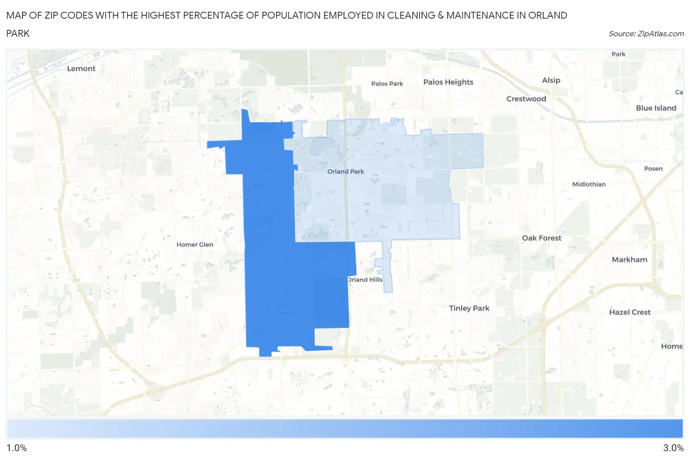Zip Codes with the Highest Percentage of Population Employed in Cleaning & Maintenance in Orland Park Map