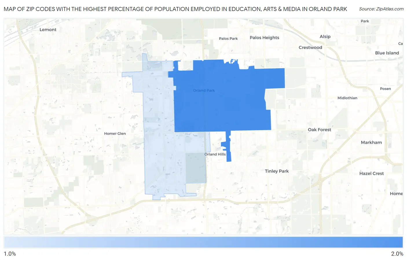 Zip Codes with the Highest Percentage of Population Employed in Education, Arts & Media in Orland Park Map