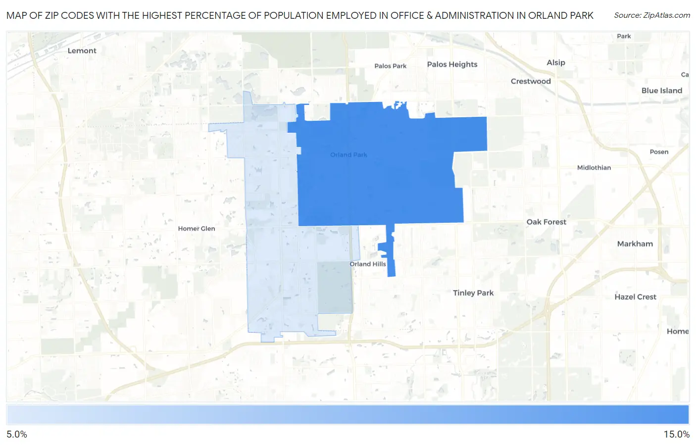 Zip Codes with the Highest Percentage of Population Employed in Office & Administration in Orland Park Map