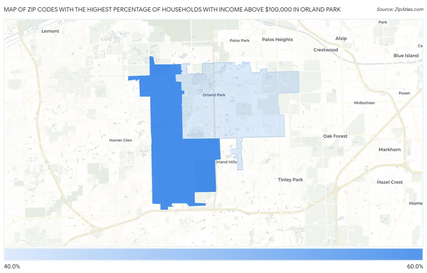 Zip Codes with the Highest Percentage of Households with Income Above $100,000 in Orland Park Map