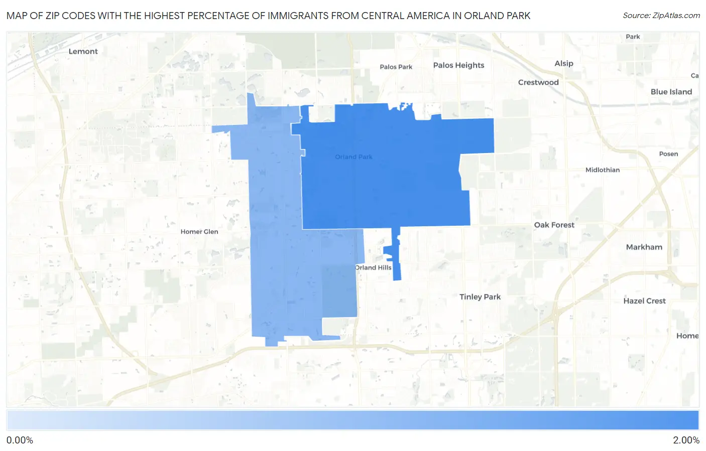 Zip Codes with the Highest Percentage of Immigrants from Central America in Orland Park Map