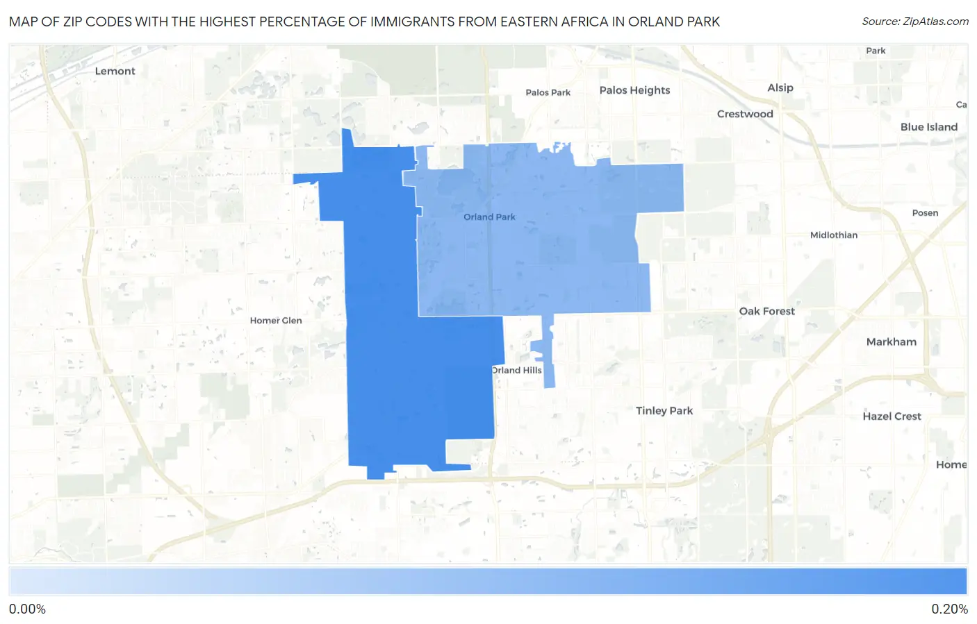 Zip Codes with the Highest Percentage of Immigrants from Eastern Africa in Orland Park Map