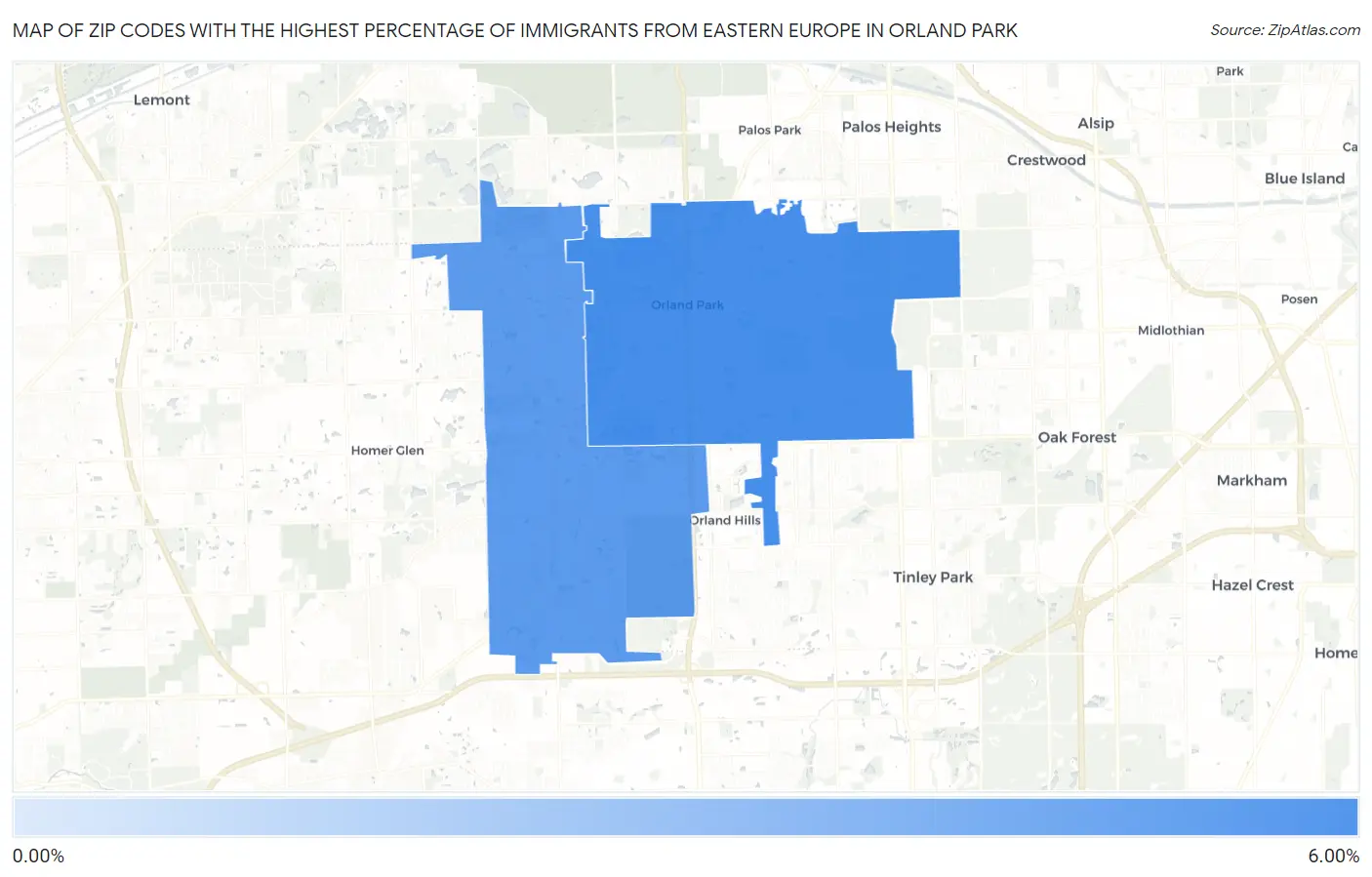 Zip Codes with the Highest Percentage of Immigrants from Eastern Europe in Orland Park Map