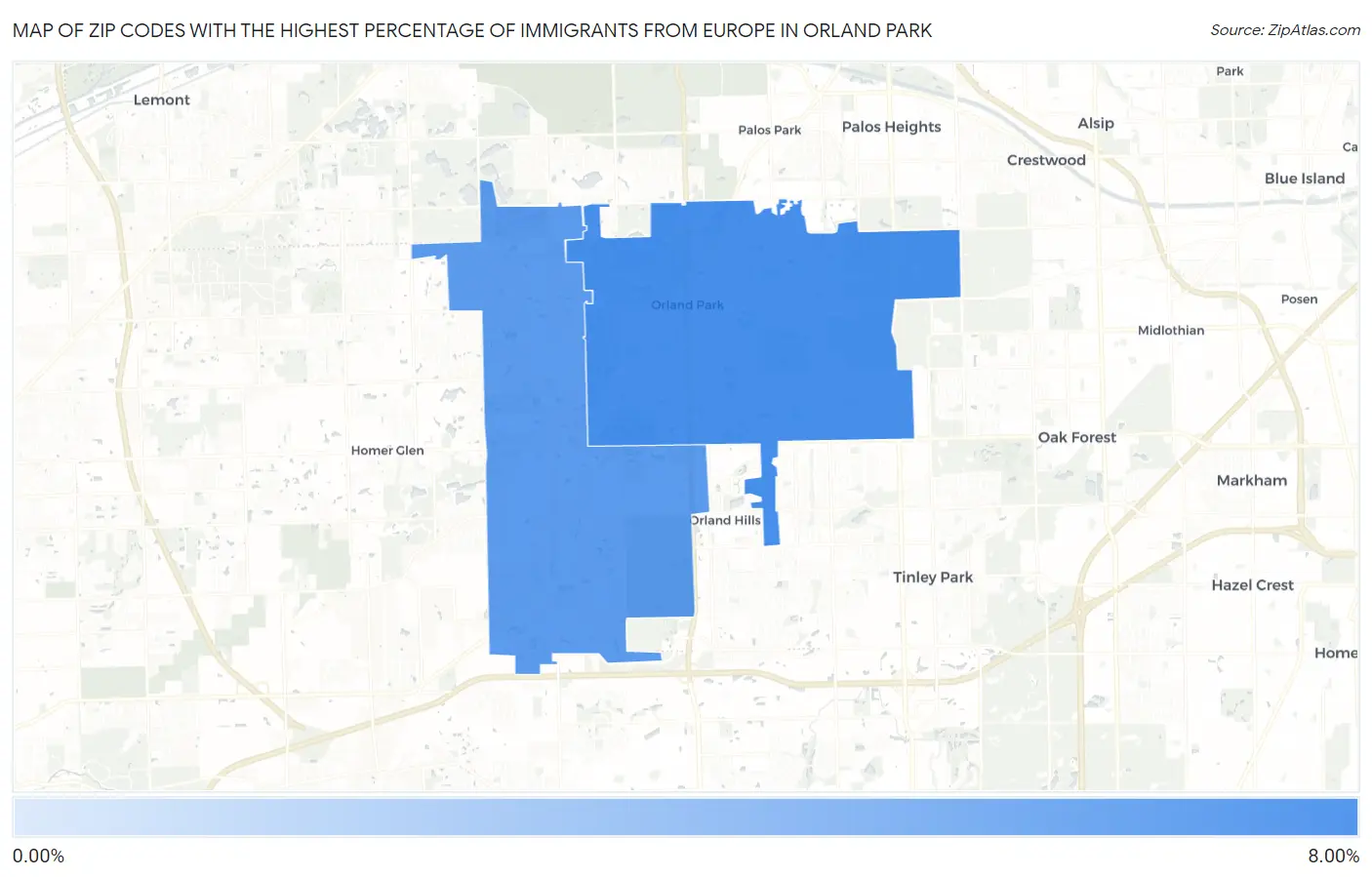 Zip Codes with the Highest Percentage of Immigrants from Europe in Orland Park Map