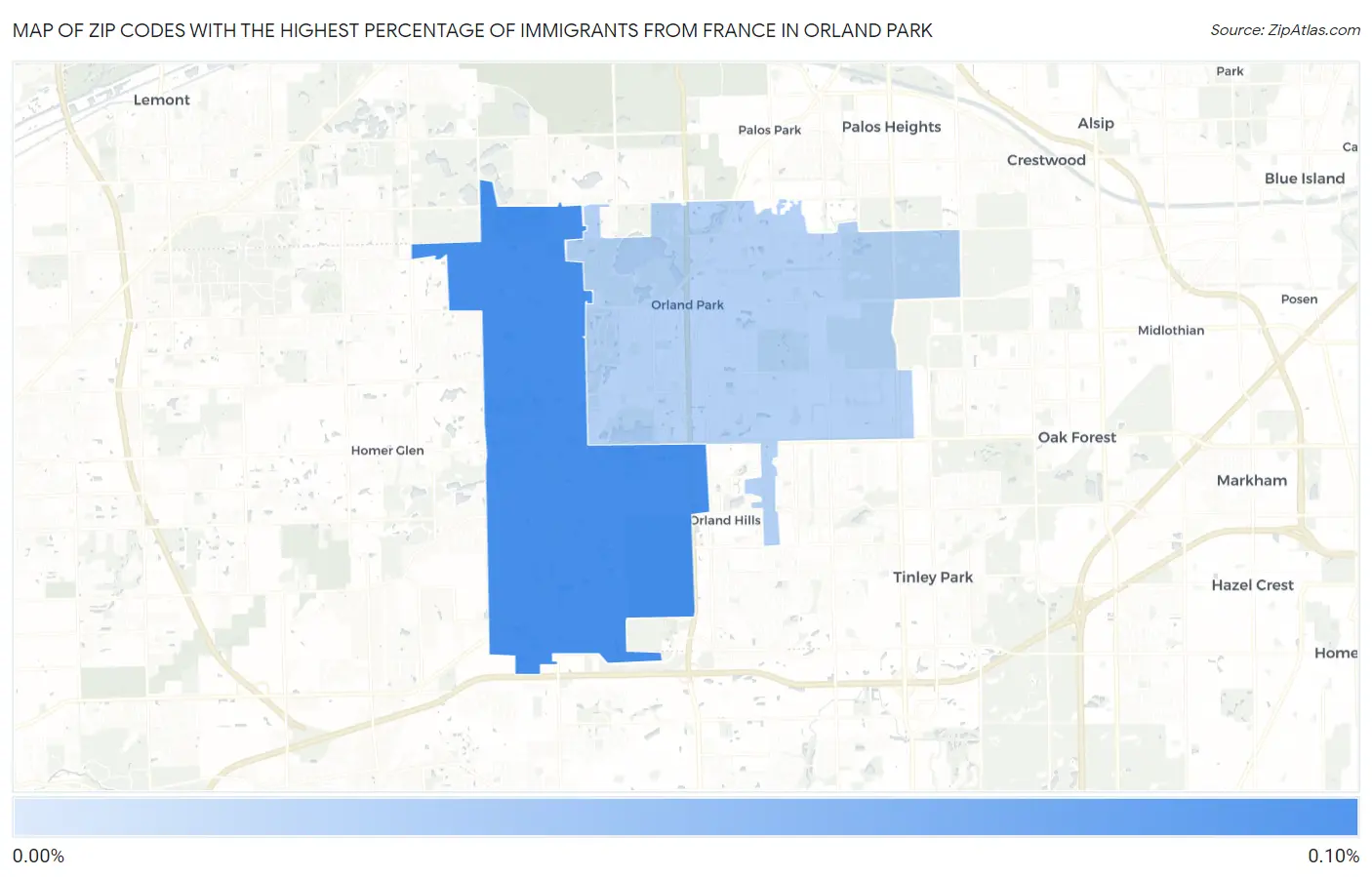 Zip Codes with the Highest Percentage of Immigrants from France in Orland Park Map