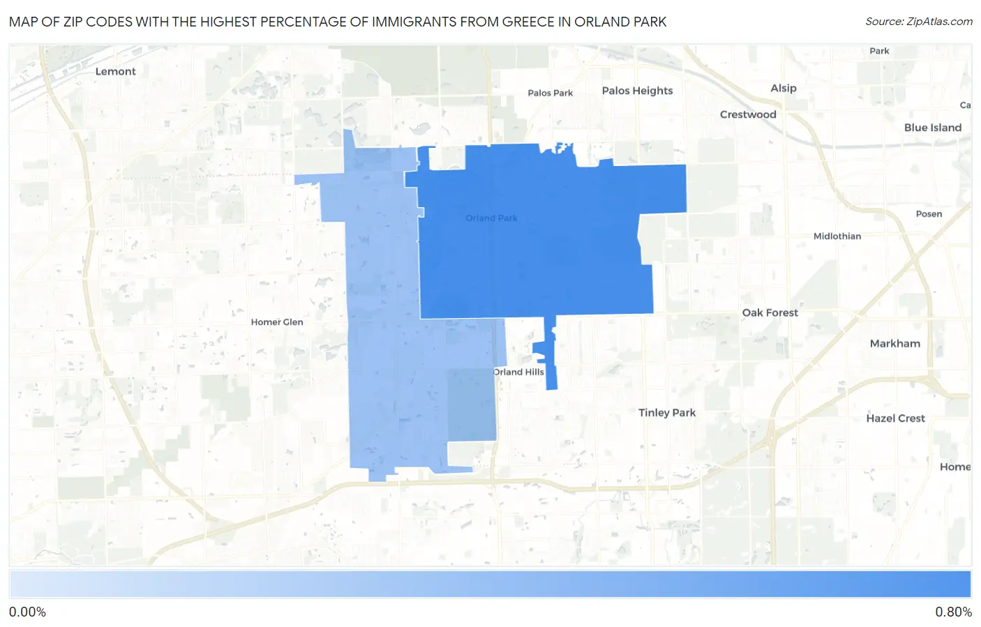 Zip Codes with the Highest Percentage of Immigrants from Greece in Orland Park Map