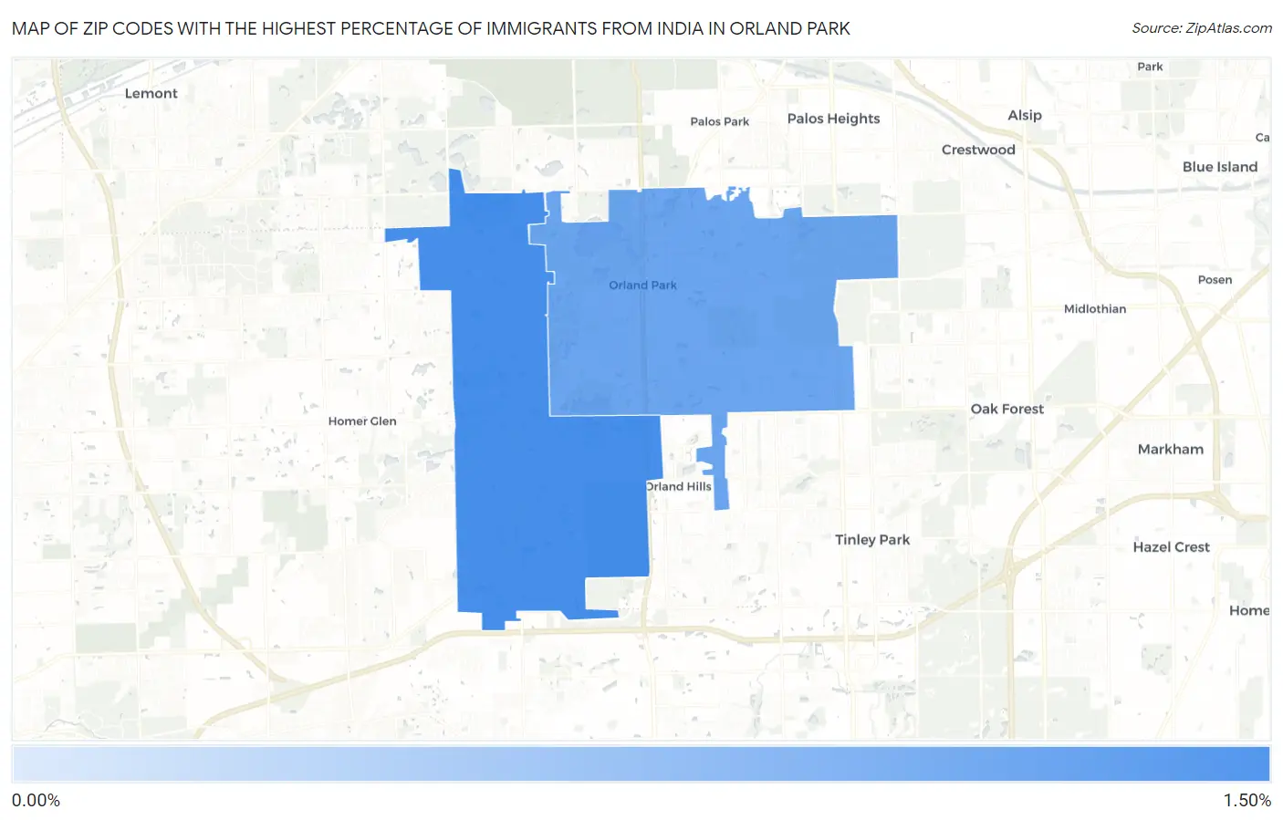Zip Codes with the Highest Percentage of Immigrants from India in Orland Park Map