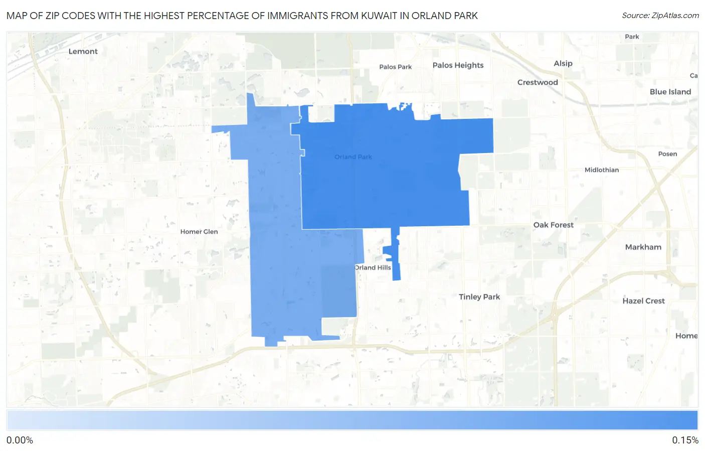 Zip Codes with the Highest Percentage of Immigrants from Kuwait in Orland Park Map