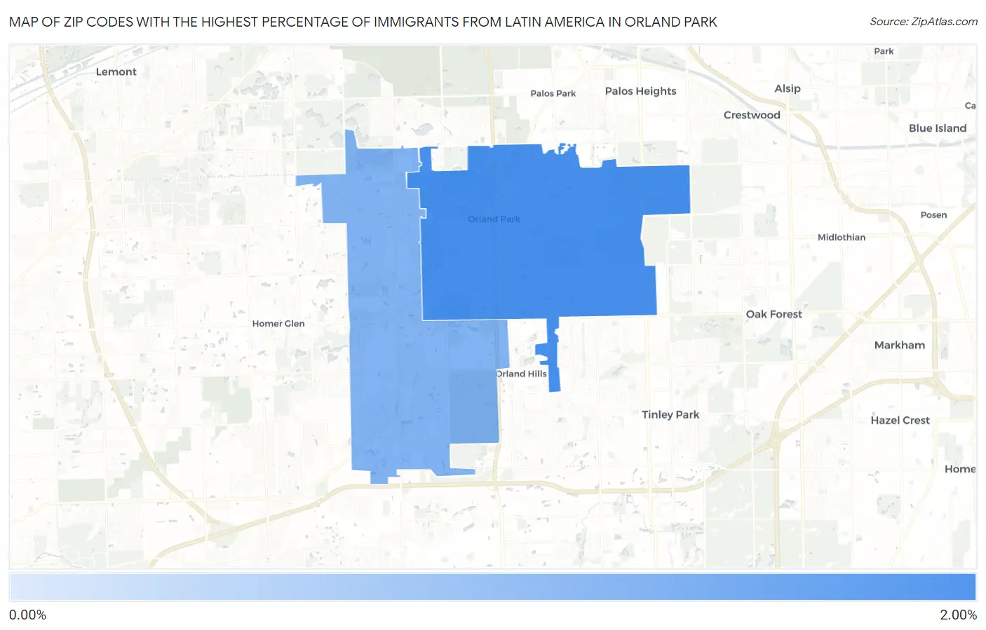 Zip Codes with the Highest Percentage of Immigrants from Latin America in Orland Park Map