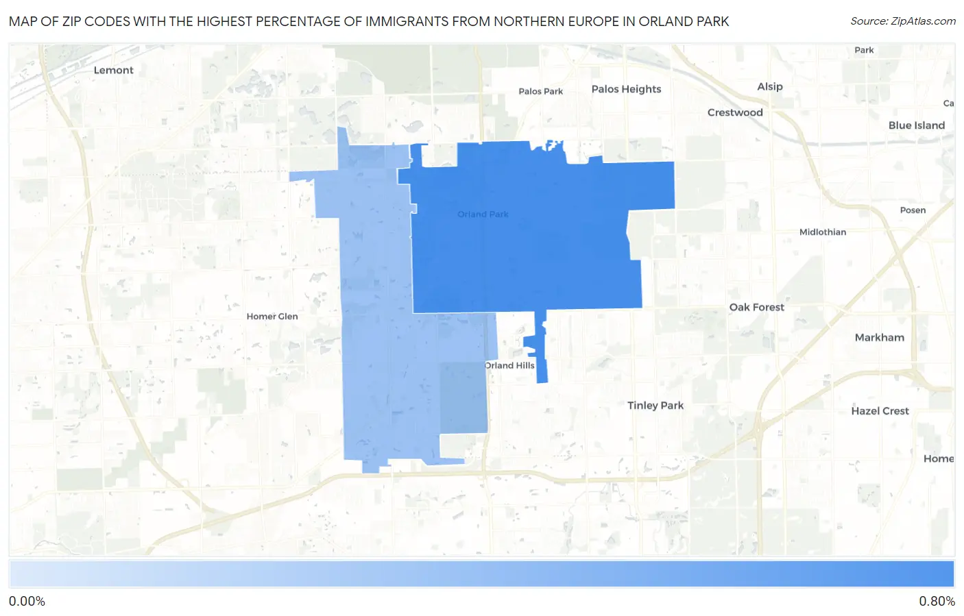 Zip Codes with the Highest Percentage of Immigrants from Northern Europe in Orland Park Map