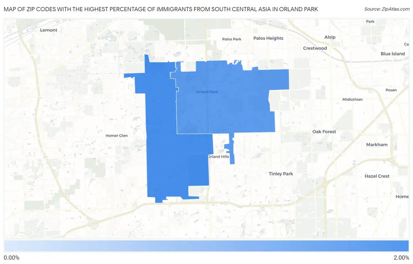 Zip Codes with the Highest Percentage of Immigrants from South Central Asia in Orland Park Map