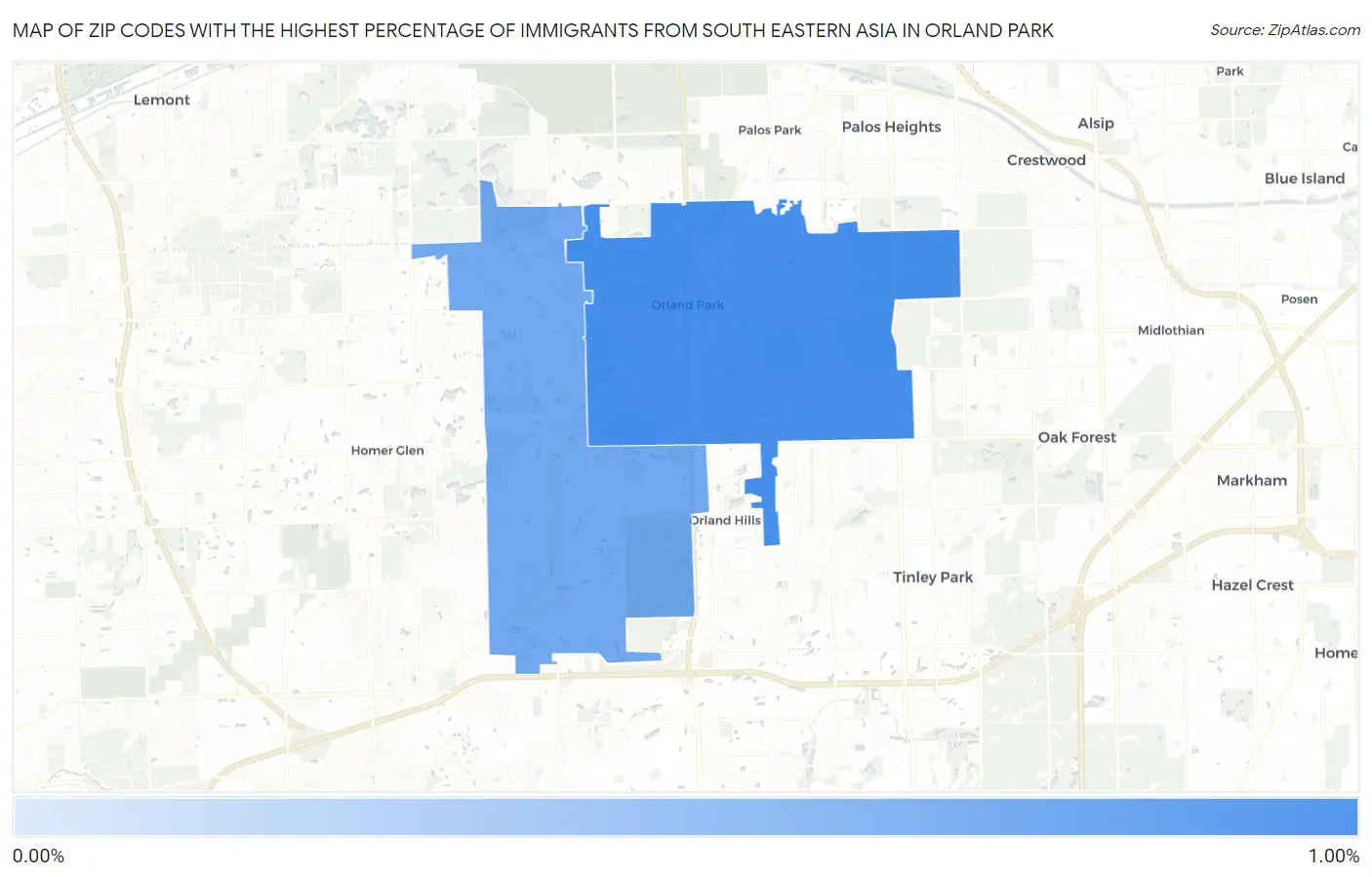 Zip Codes with the Highest Percentage of Immigrants from South Eastern Asia in Orland Park Map