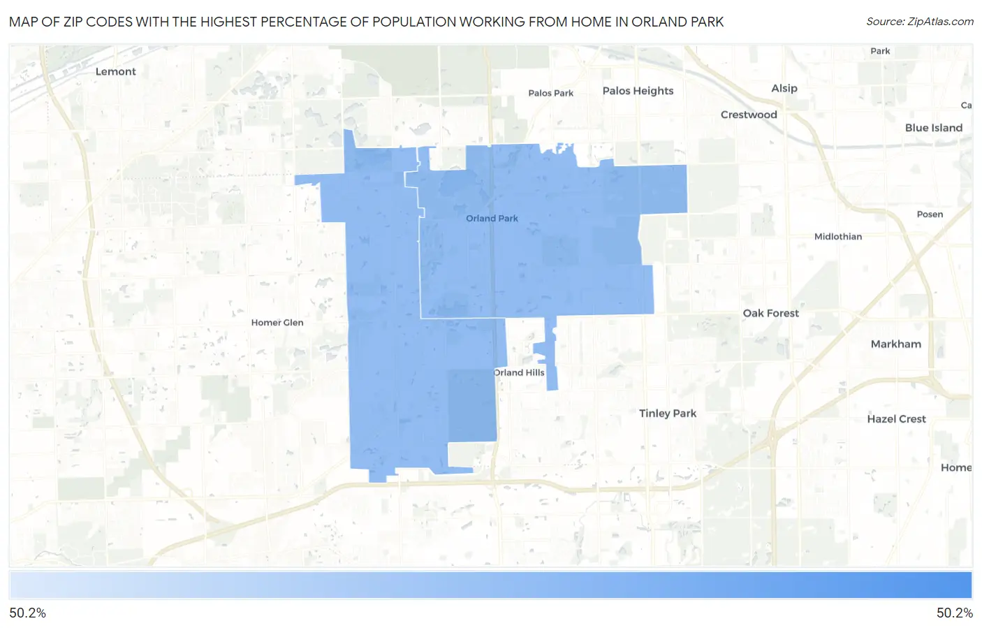 Zip Codes with the Highest Percentage of Population Working from Home in Orland Park Map