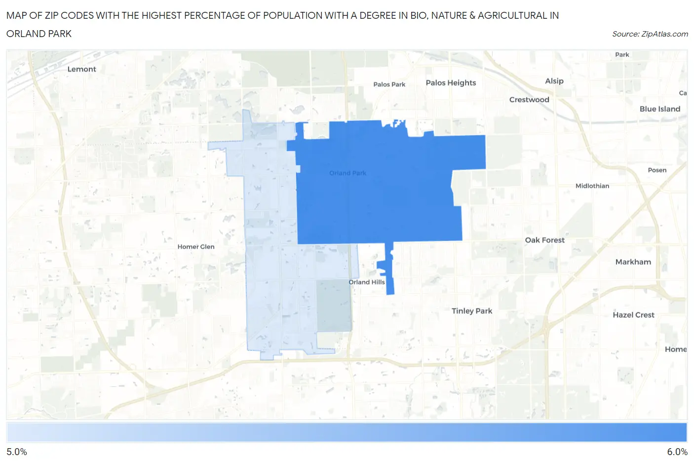 Zip Codes with the Highest Percentage of Population with a Degree in Bio, Nature & Agricultural in Orland Park Map