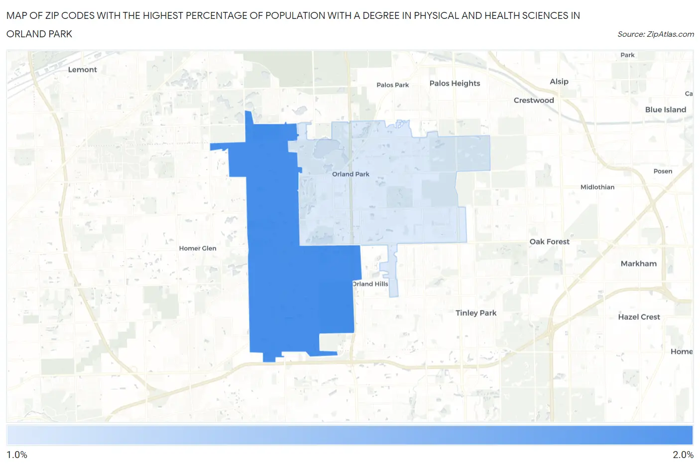 Zip Codes with the Highest Percentage of Population with a Degree in Physical and Health Sciences in Orland Park Map