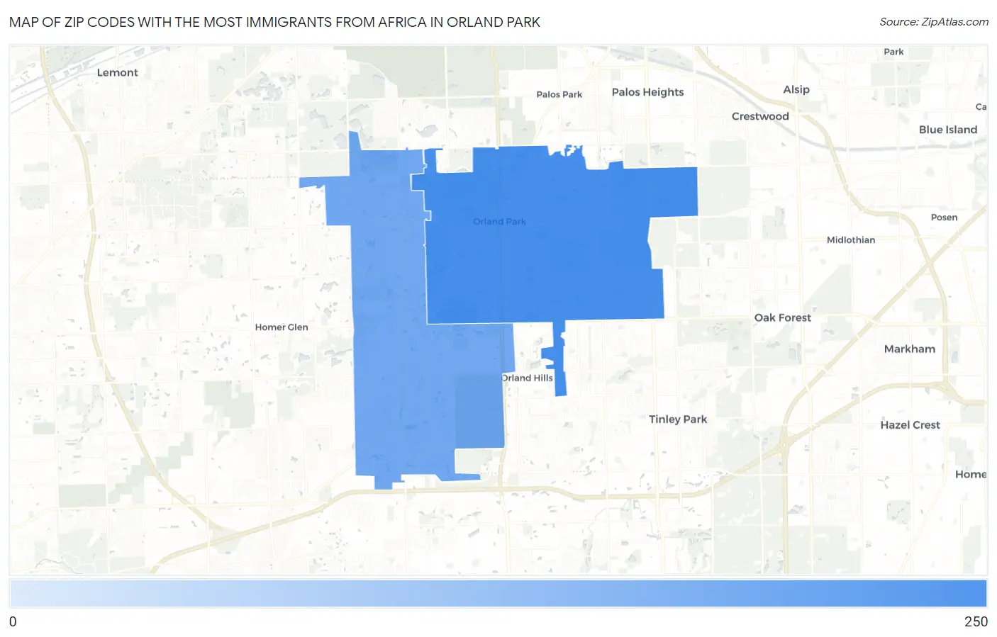 Zip Codes with the Most Immigrants from Africa in Orland Park Map