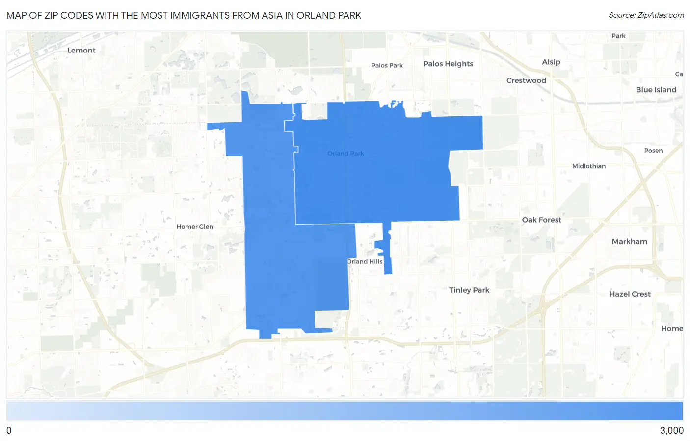 Zip Codes with the Most Immigrants from Asia in Orland Park Map