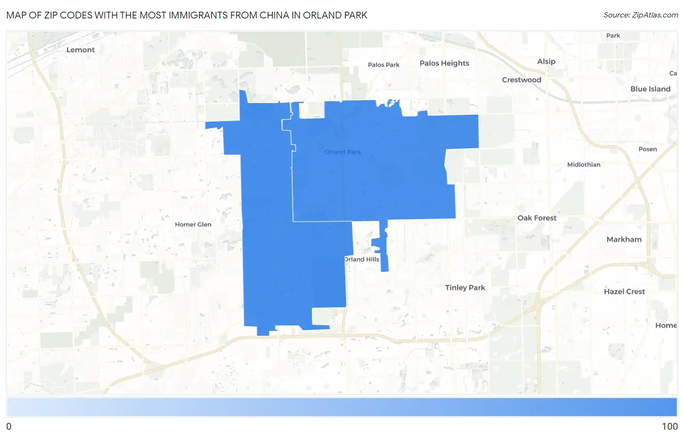 Zip Codes with the Most Immigrants from China in Orland Park Map