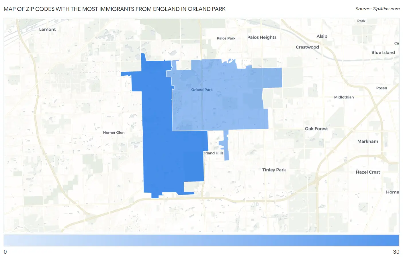 Zip Codes with the Most Immigrants from England in Orland Park Map